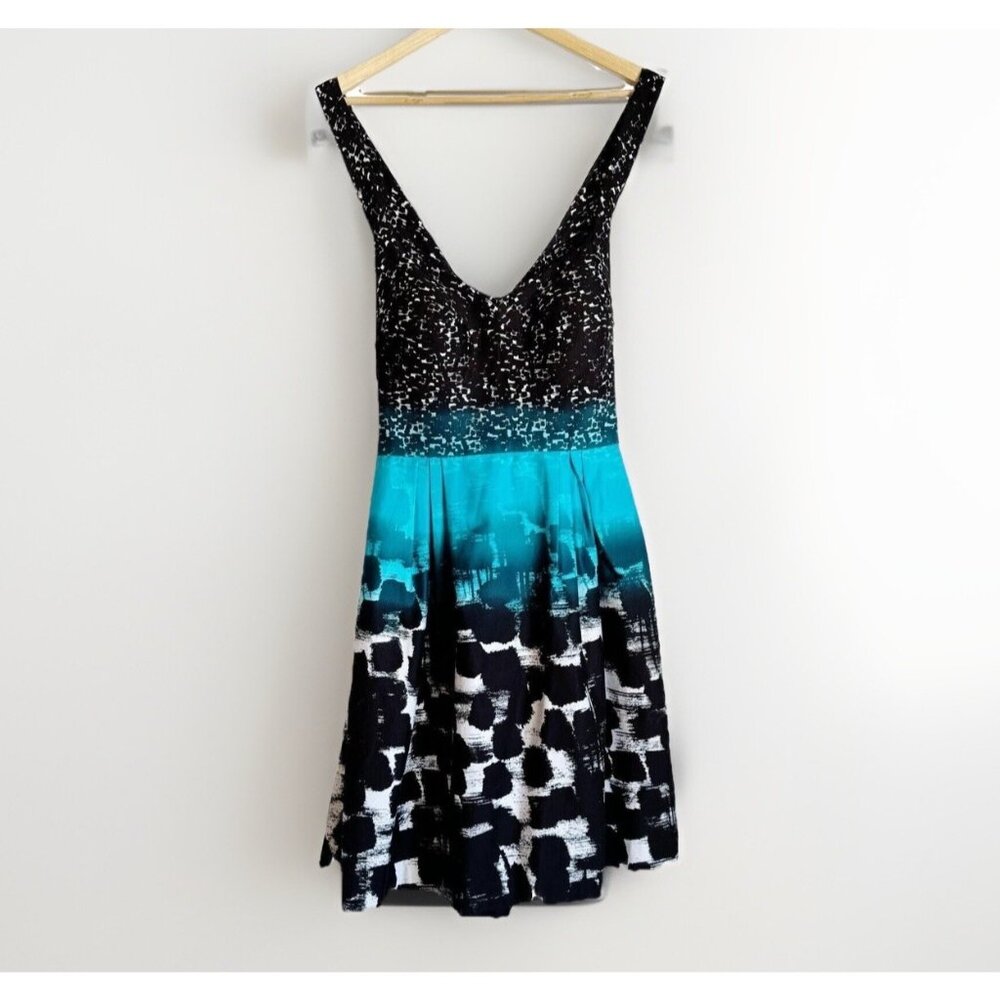 Calvin Klein Women’s 14 Black & Turquoise Abstract Fit & Flare Dress Travel